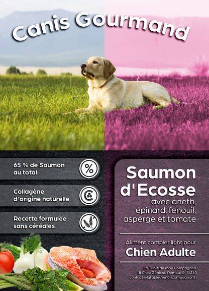 Chien adulte - Light - Saumon d’Ecosse avec aneth, épinard, fenouil, asperge et tomate - 12 kgs